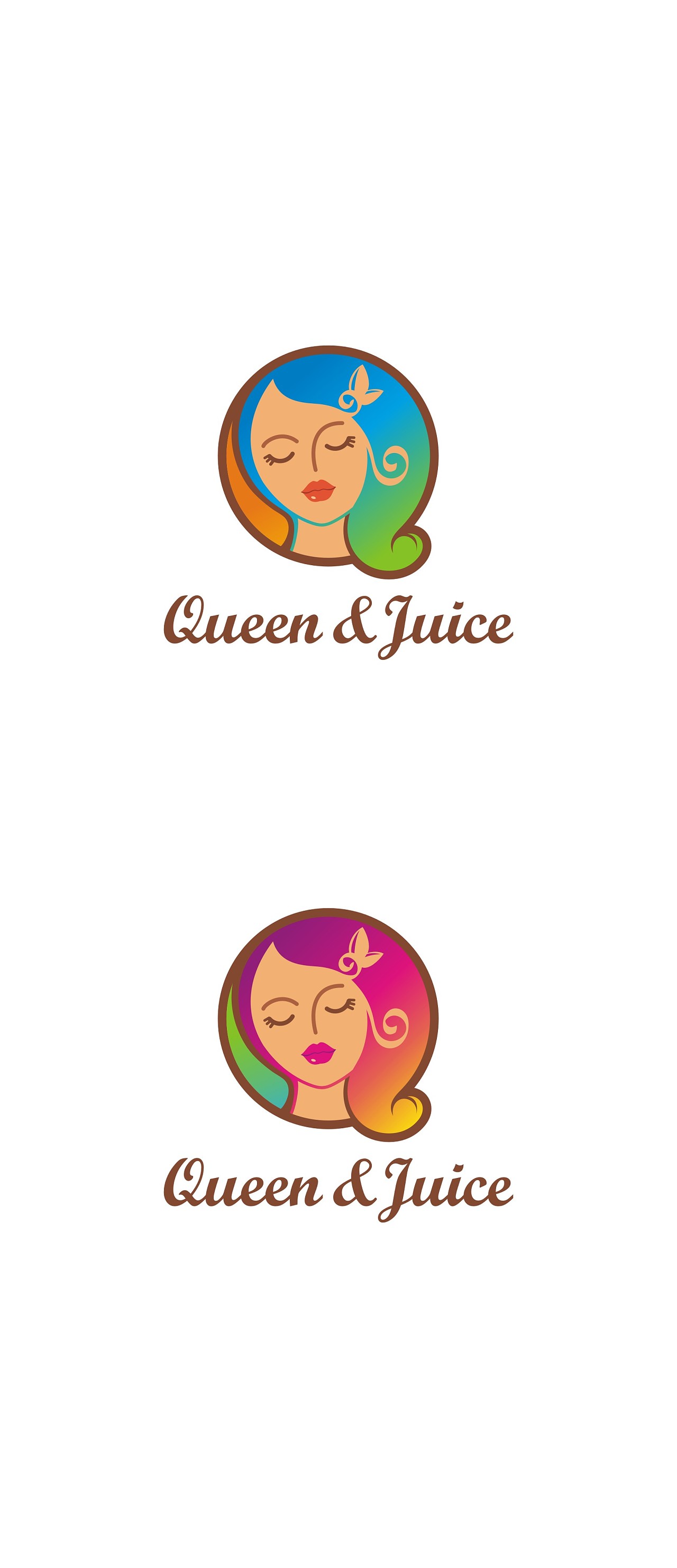 queen&juice品牌logo设计方案2个,主推果汁系列饮品,所以设计偏女性化