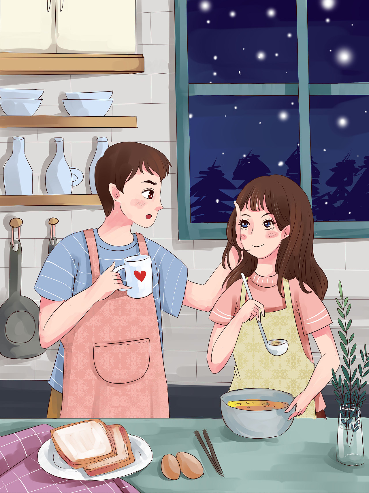 卡通情侣晚餐时刻|插画|创作习作|摩丝卡卡_原创作品-站酷(zcool)