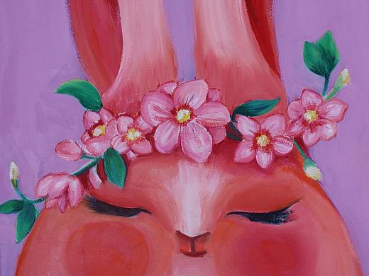 布面油画《兔子与花环》