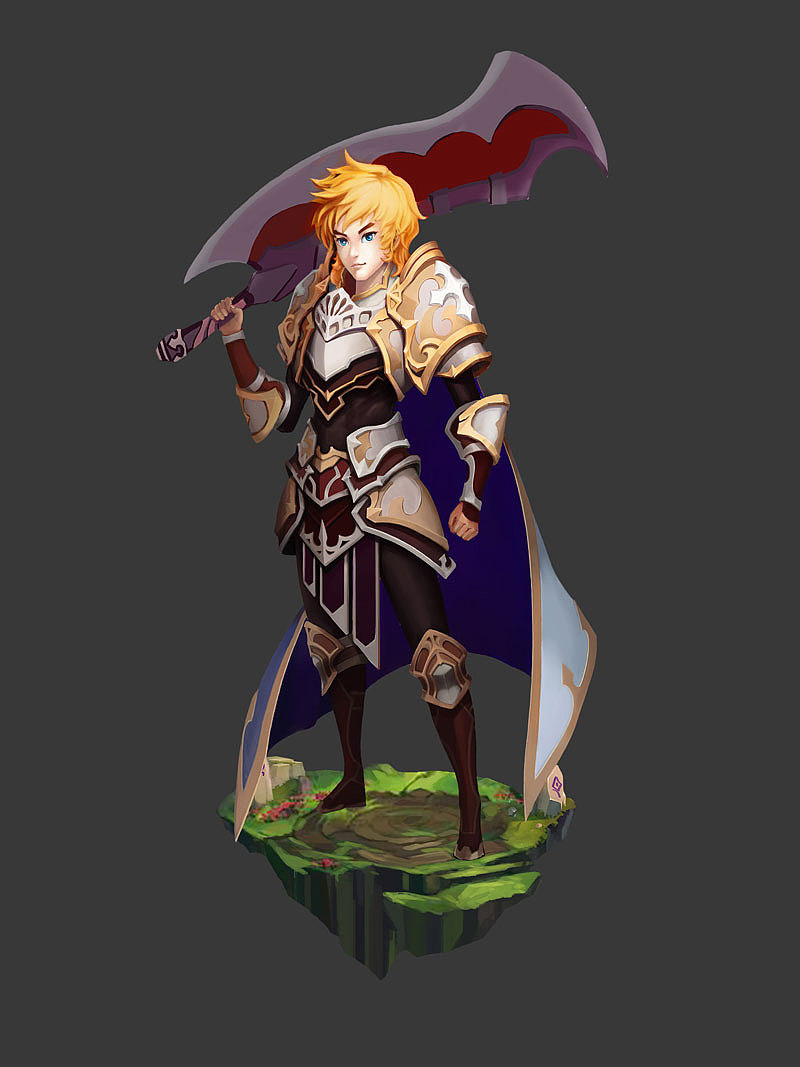 这个就是第一版啦哈,总体来说不够立体,设计有些碎,颜色相近的颜色太靠,少了高饱和的颜色的提亮整体,所以看来有些沉闷了,特别是那武器。。。真的很LOW....