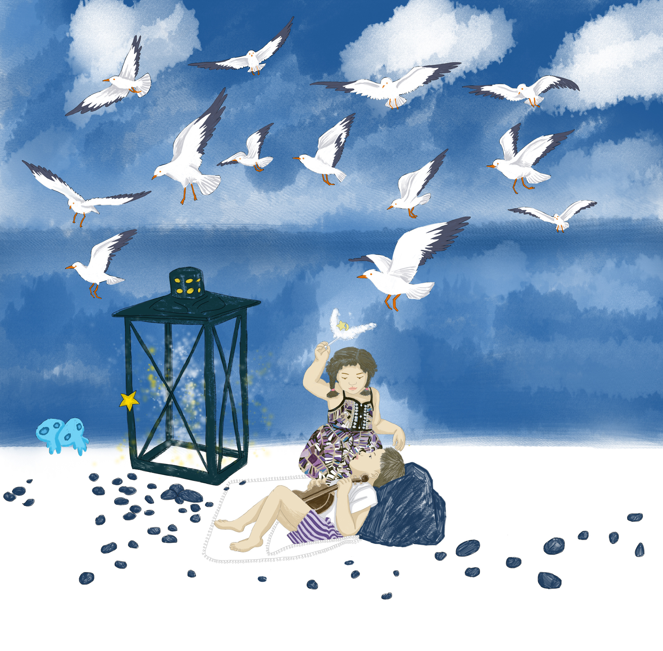 原创手绘【海鸥兄妹】|插画|商业插画|仙人与掌掌 - 原创作品 - 站酷