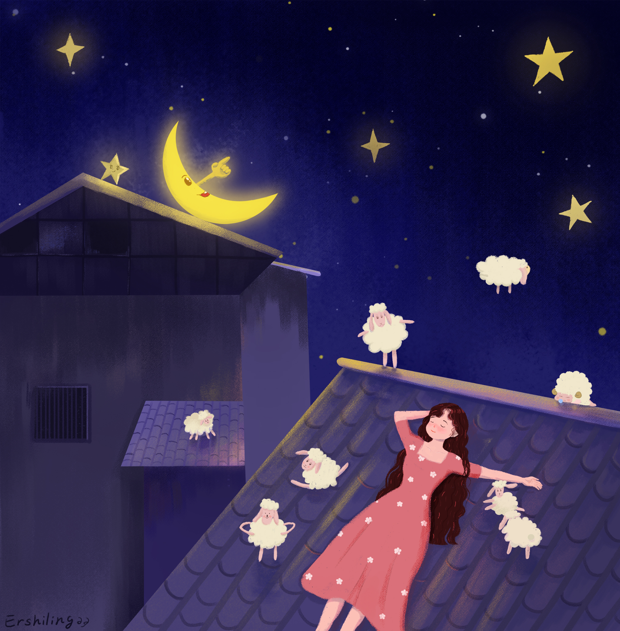 在想,我们睡不着的时候,会数羊;那月亮睡不着的时候,会数星星吗?