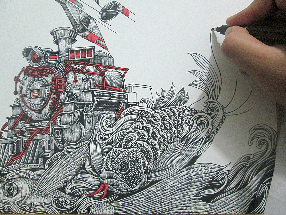 《飞鱼&火车头》 装饰画 手绘过程(图ZMTU3MzcwNzY=) - 绘画 - 站酷设计师傅淳强画者之旅原创素材 - 站酷ZCOOL