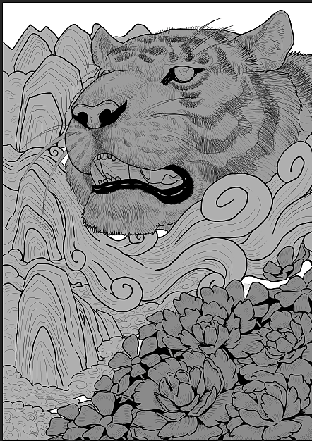 山水花丛中的猛虎，国潮插画（图ZMjg1NjQxOTU2） - 创作习作 - 站酷设计师啸啸XD原创素材 - 站酷ZCOOL