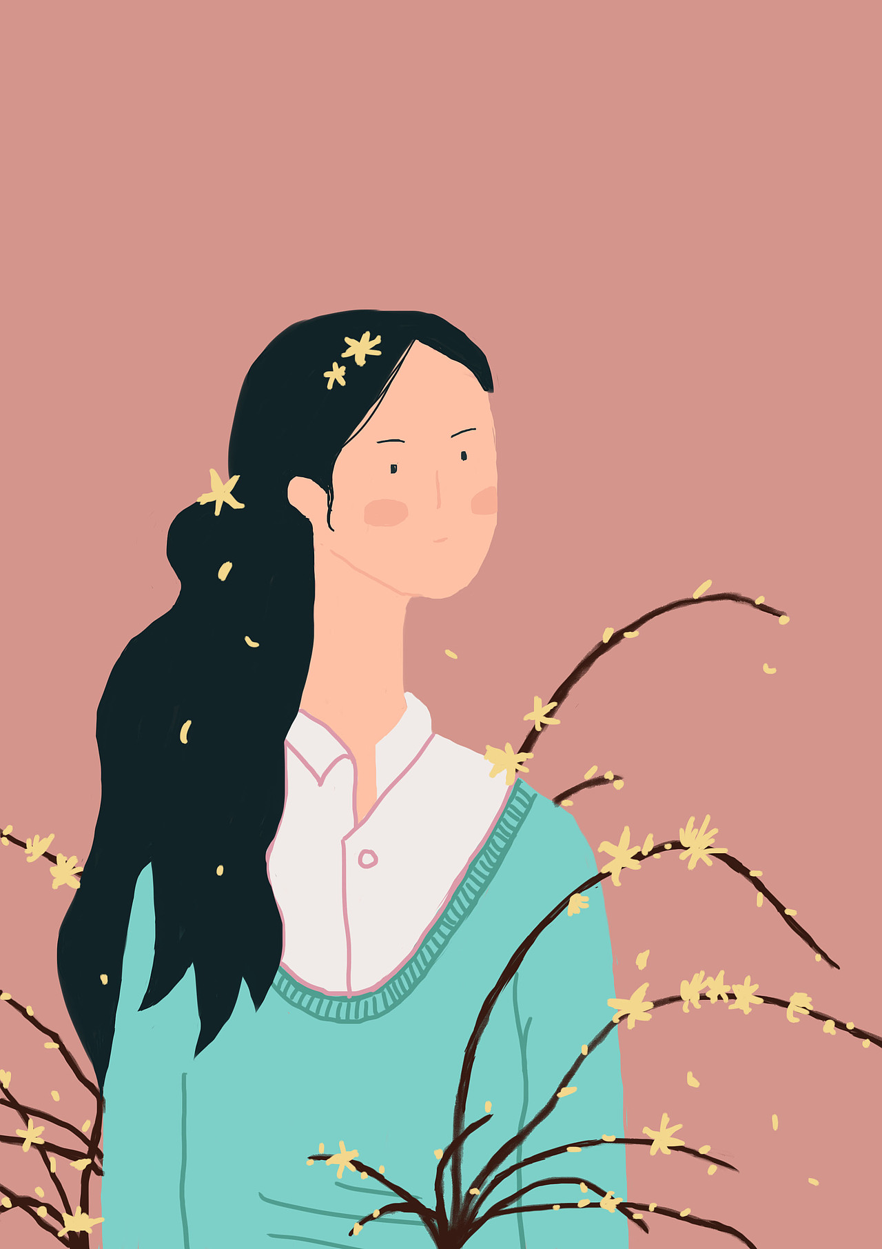 手绘插画植物女孩人物