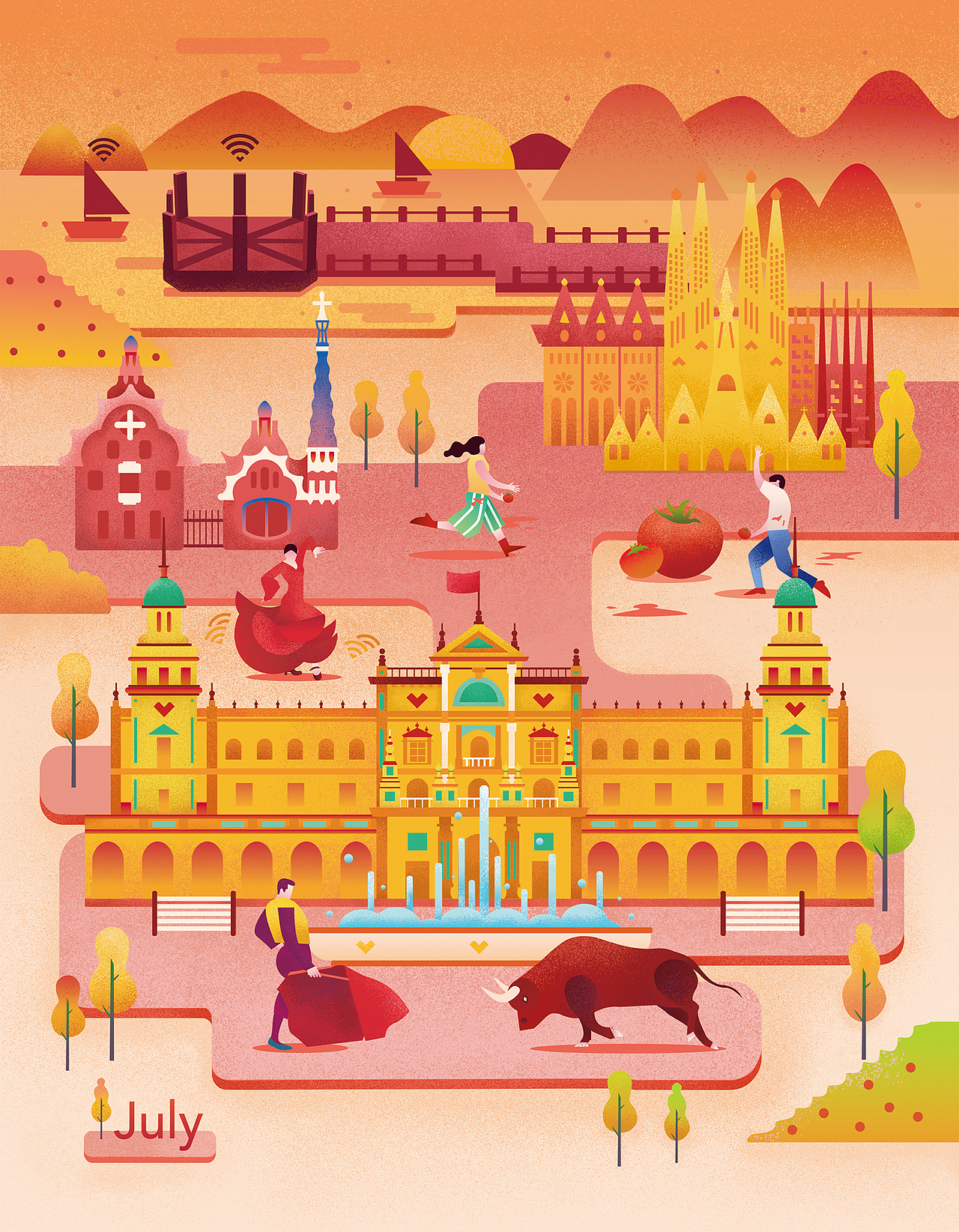 西班牙风情插画（图ZNzc1NzY3Mjg=） - 品牌 - 站酷设计师怪兽美子原创素材 - 站酷ZCOOL