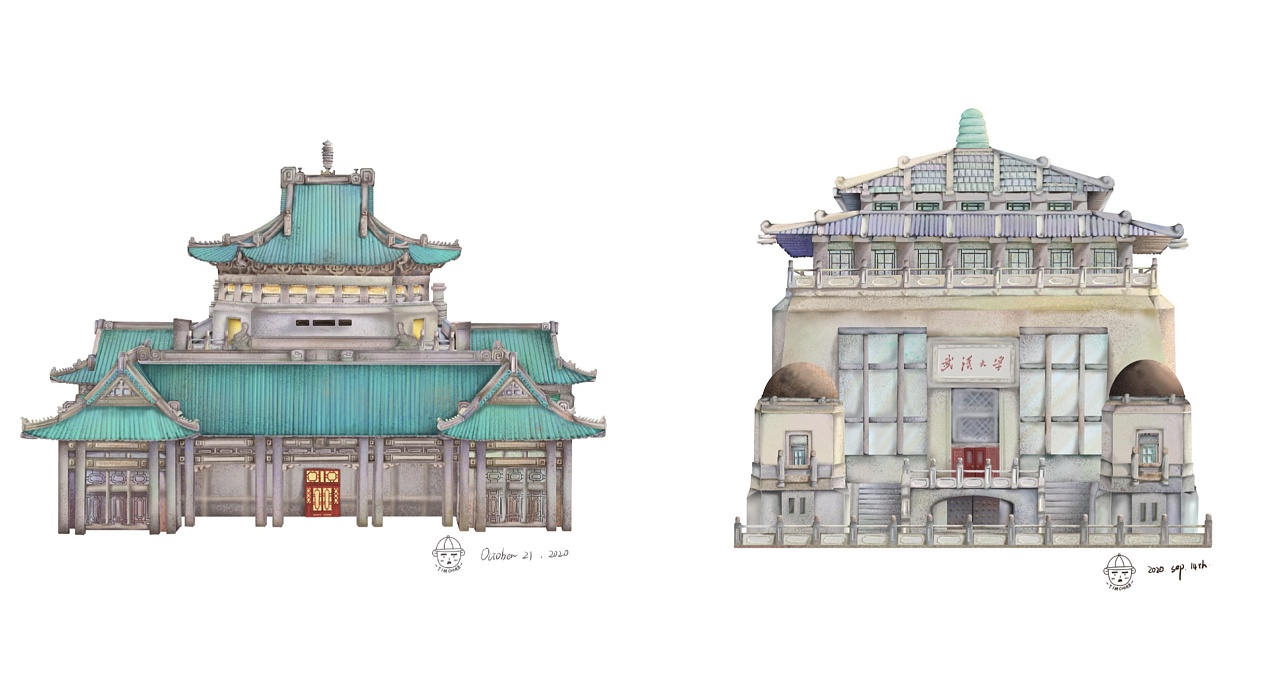 武汉大学 行政楼 樱顶老图|插画|艺术插画|田明秋源 - 原创作品