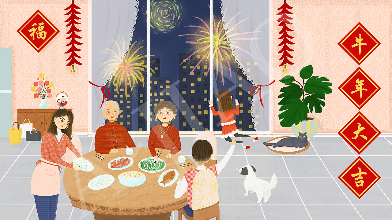 2021牛年春节团圆插画