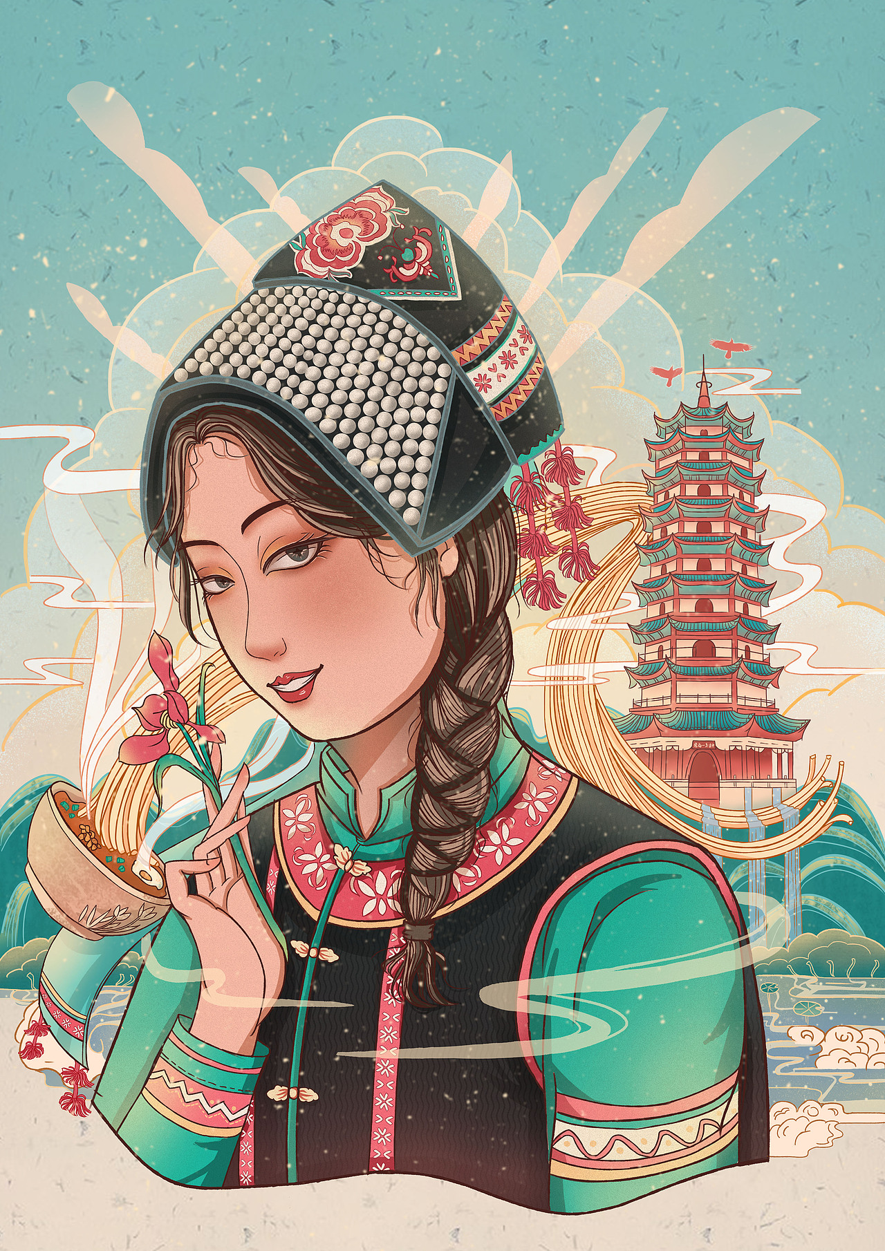 彝族少女服饰插画