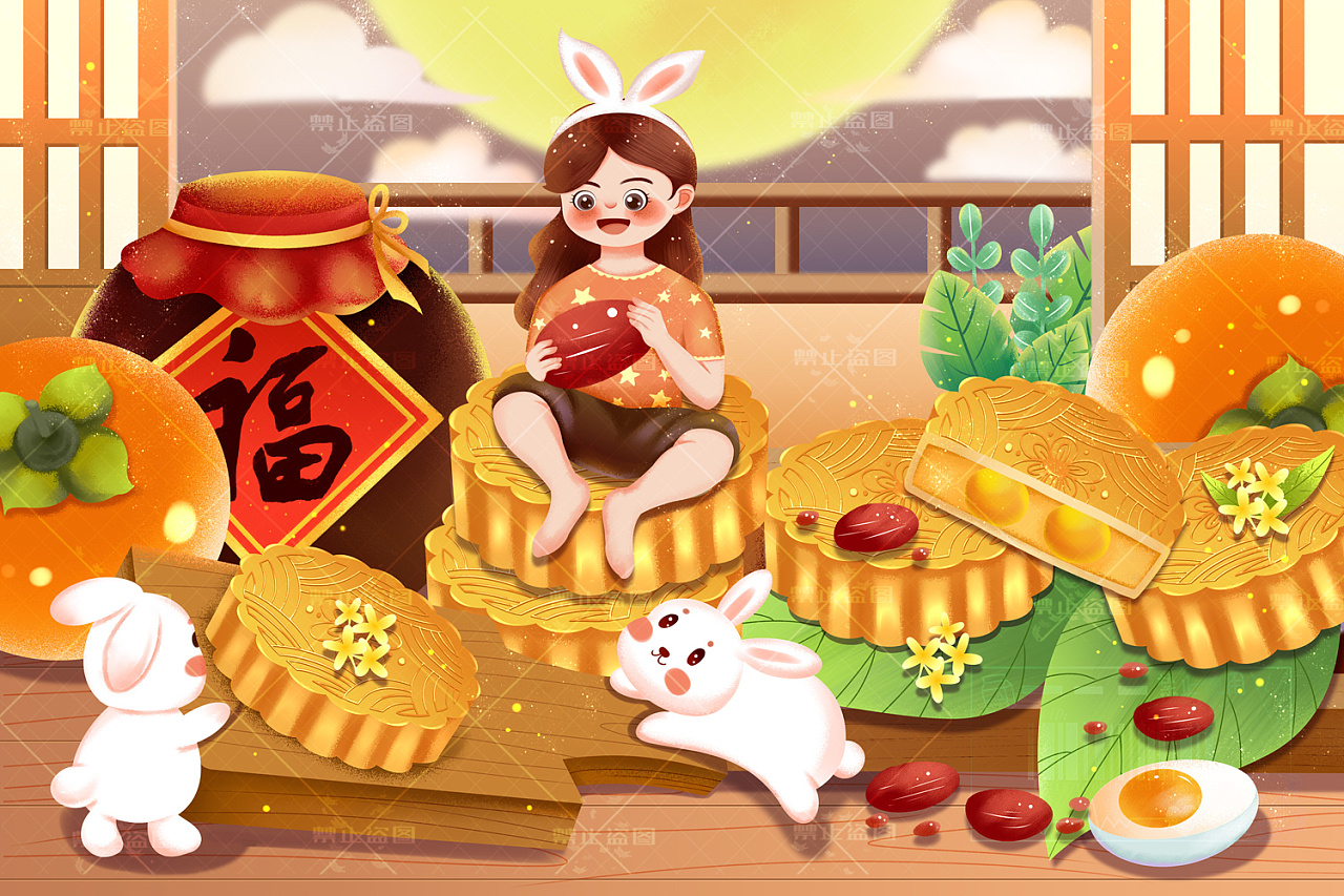 中秋美食吃货插画