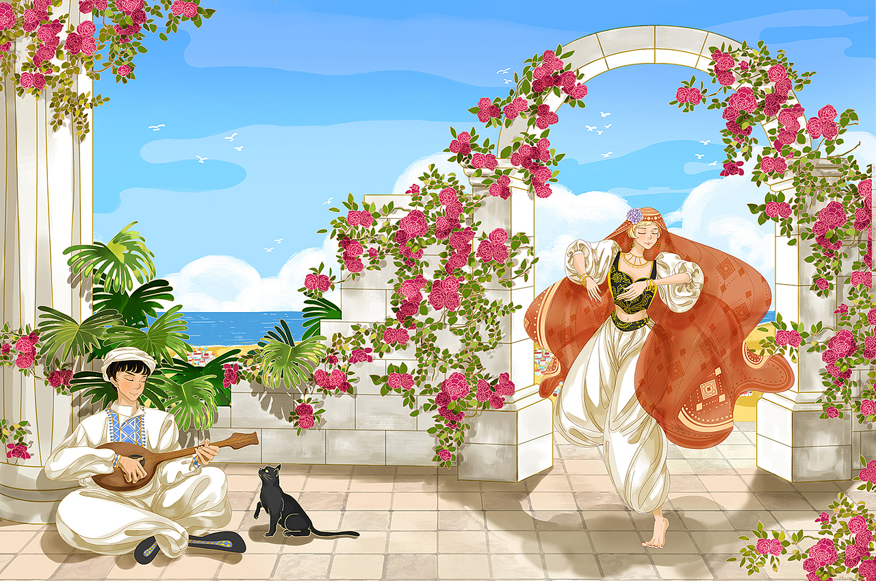 弹琴的阿米尔和跳舞的玛蒂哈（图ZNTI0NDc2NDA=） - 商业插画 - 站酷设计师Hannary原创素材 - 站酷ZCOOL