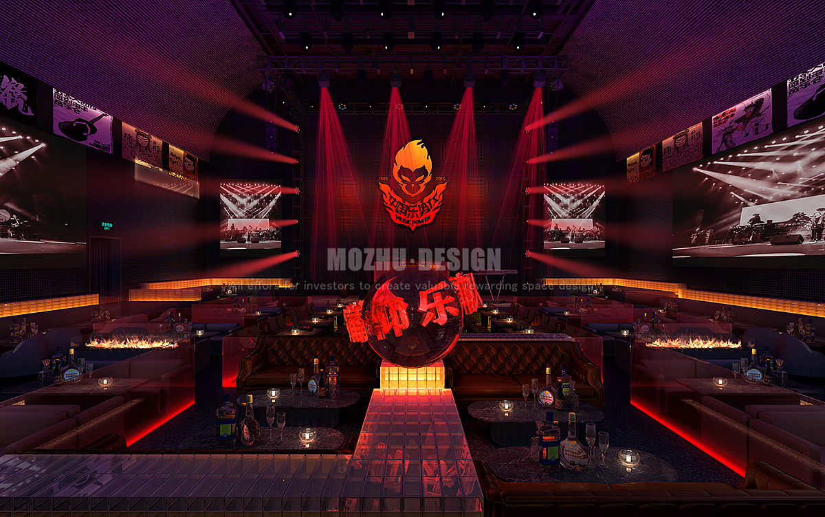 酒吧内部灯光使用装置吊灯
<br>梯步灯聚焦灯达到沉浸视觉体验