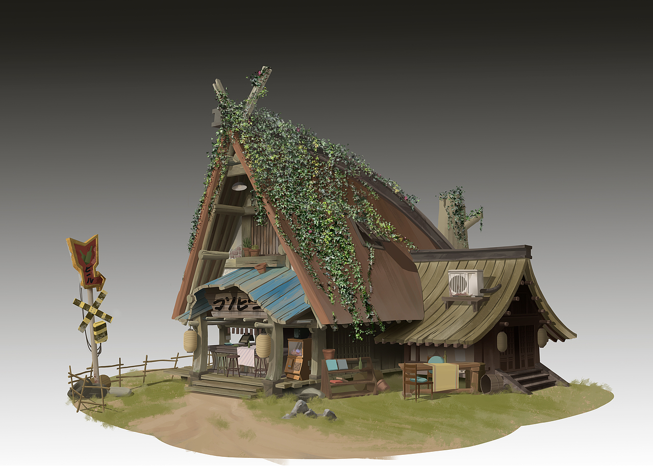 单体日式建筑树的便利店