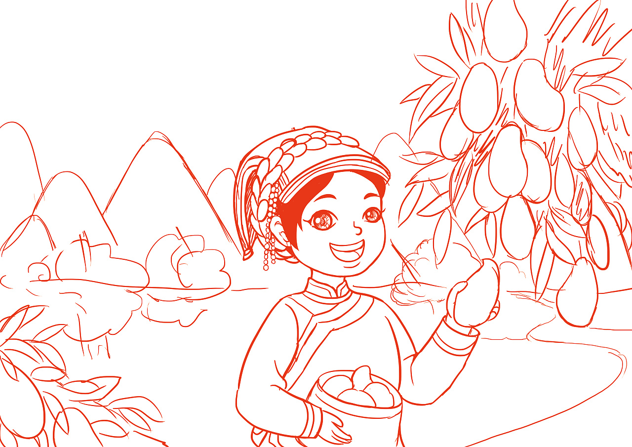 彝族妹子摘芒果-包装插画