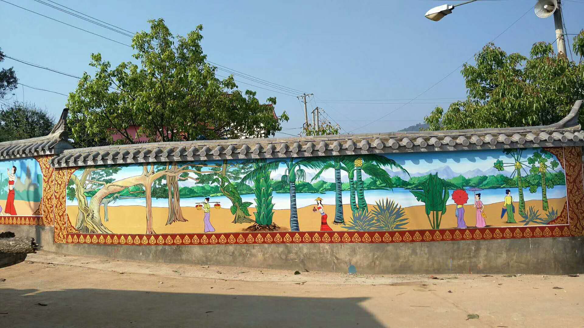 傣族文化墙体彩绘手绘墙画德宏西双版纳傣族墙体彩绘