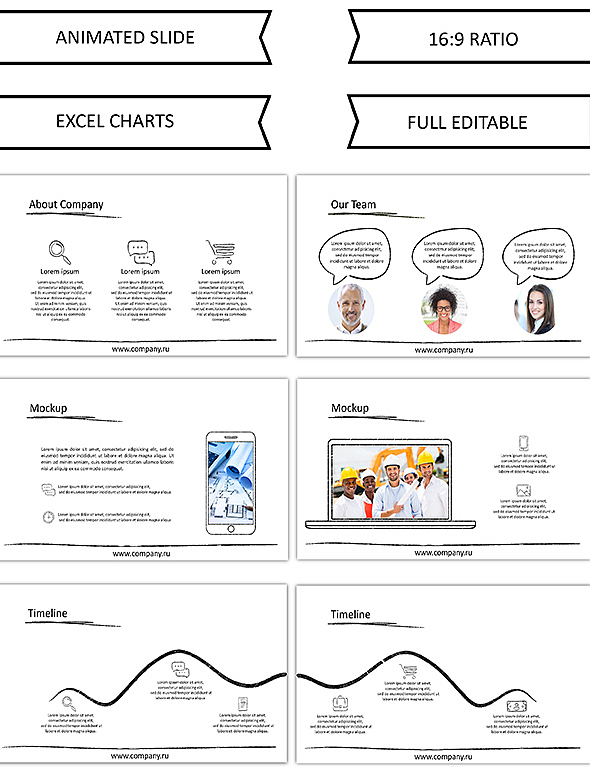 黑白手绘简约图形图标风格PPT模板