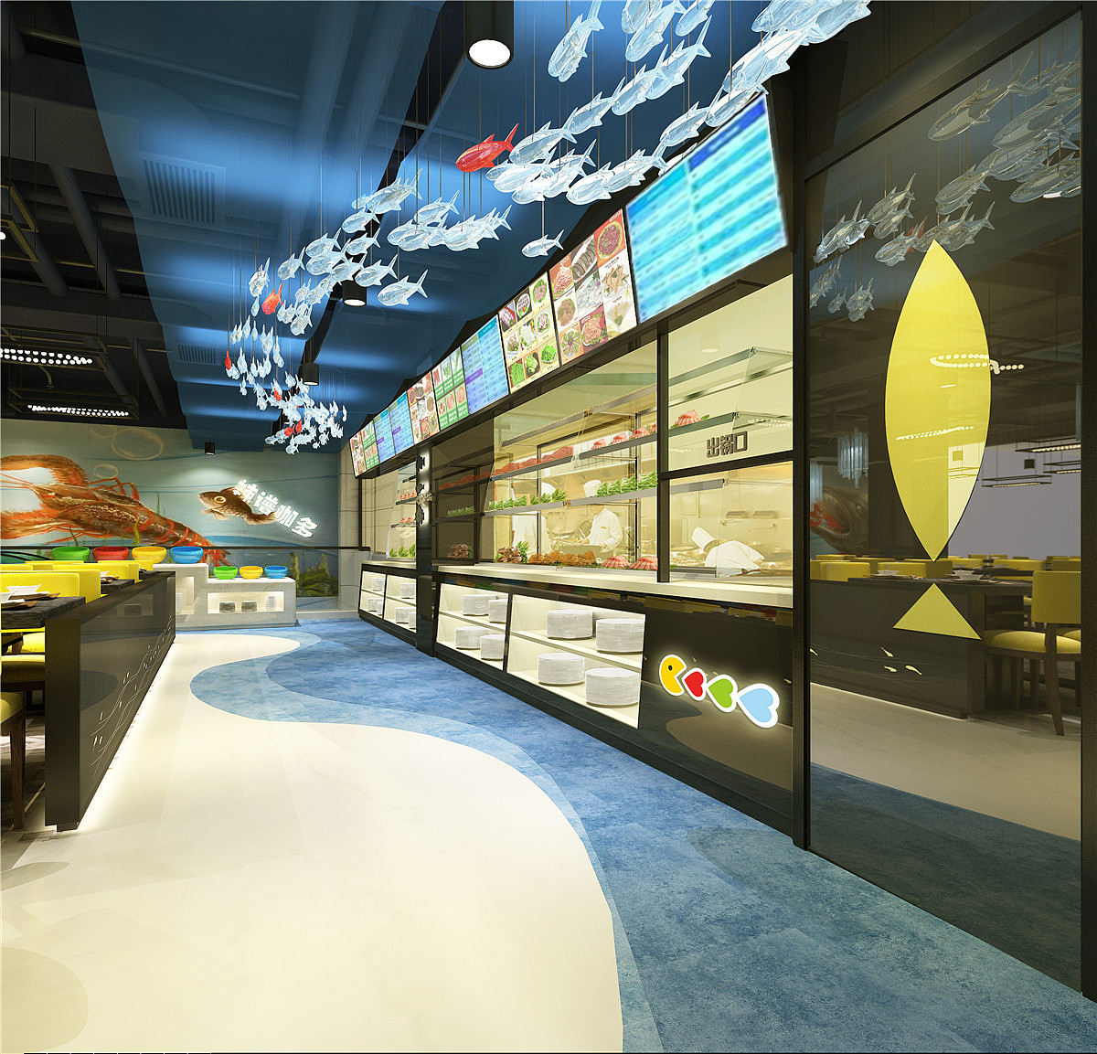 【设计说明】 该案例火锅店装修设计以鱼为主题,空间中设计