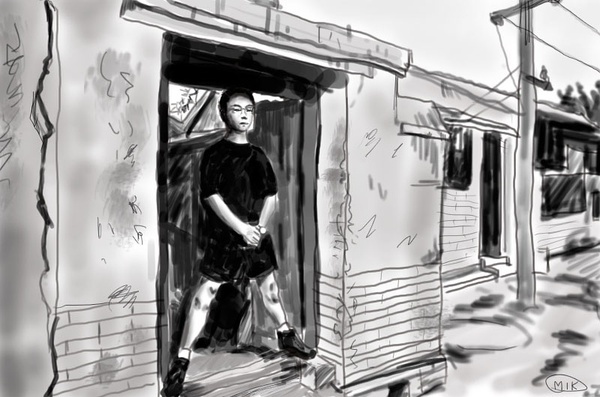 窦唯站在家门口