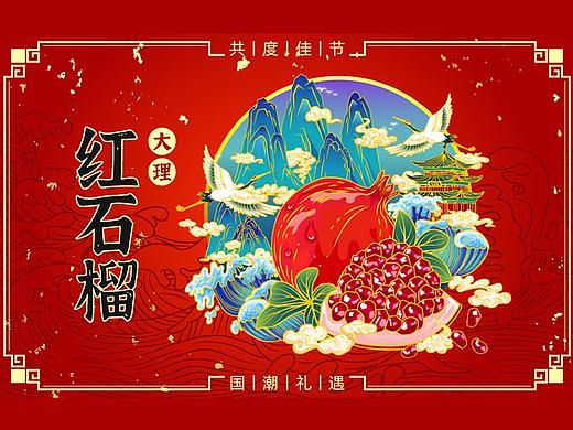 中国风国潮大理红石榴包装插画设计
