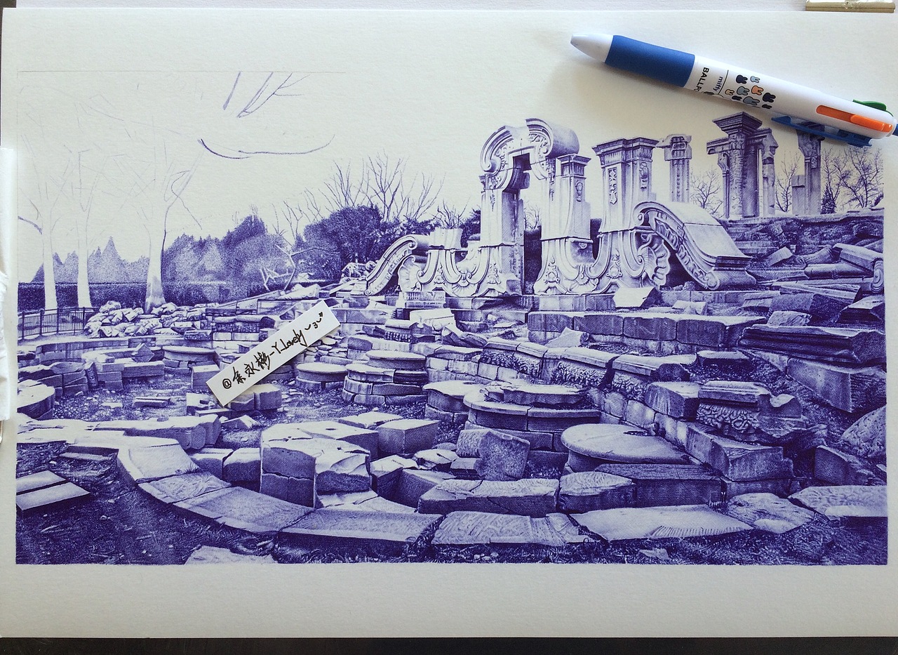 Y_Lovely圆珠笔手绘圆明园遗址（图ZODY2NDg3MTY=） - 绘画 - 站酷设计师Y_Lovely原创素材 - 站酷ZCOOL
