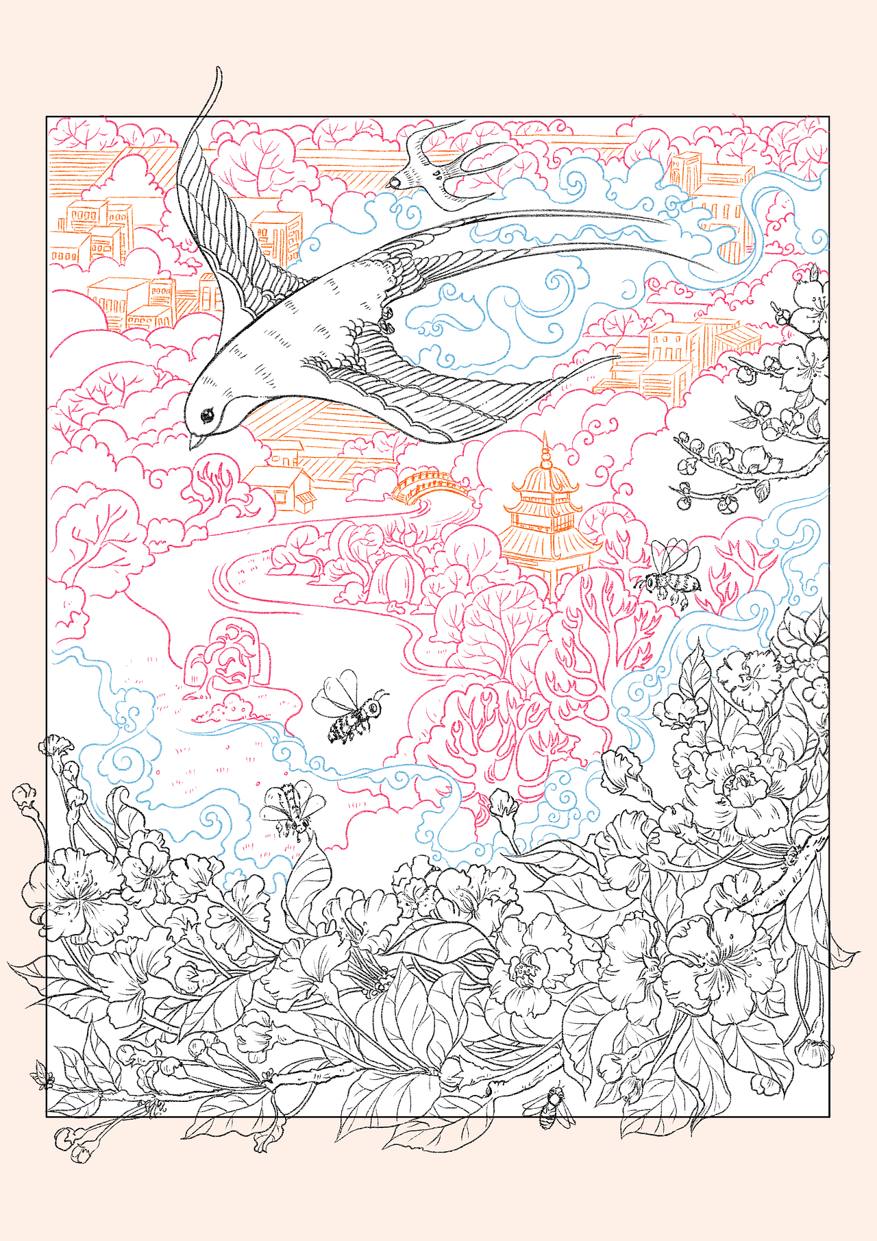 春晖燕归 插画 视觉传达 艺术设计考研 手绘 快题（图ZMjAxNjQ2MTcy） - 创作习作 - 站酷设计师凡是绘原创素材 - 站酷ZCOOL