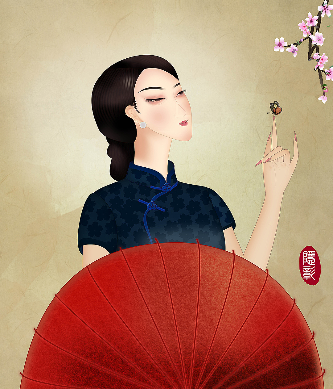 窗户手拿红梅花枝的旗袍美人