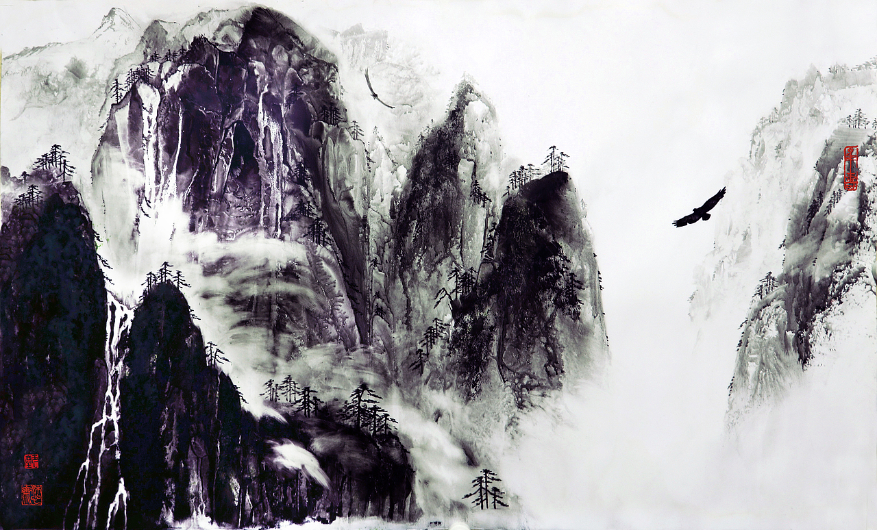 无尘作品《雄峰映天际》 88X53cm（图ZMjA5MTk2OTg4） - 绘画 - 站酷设计师幻化泼彩原创素材 - 站酷ZCOOL