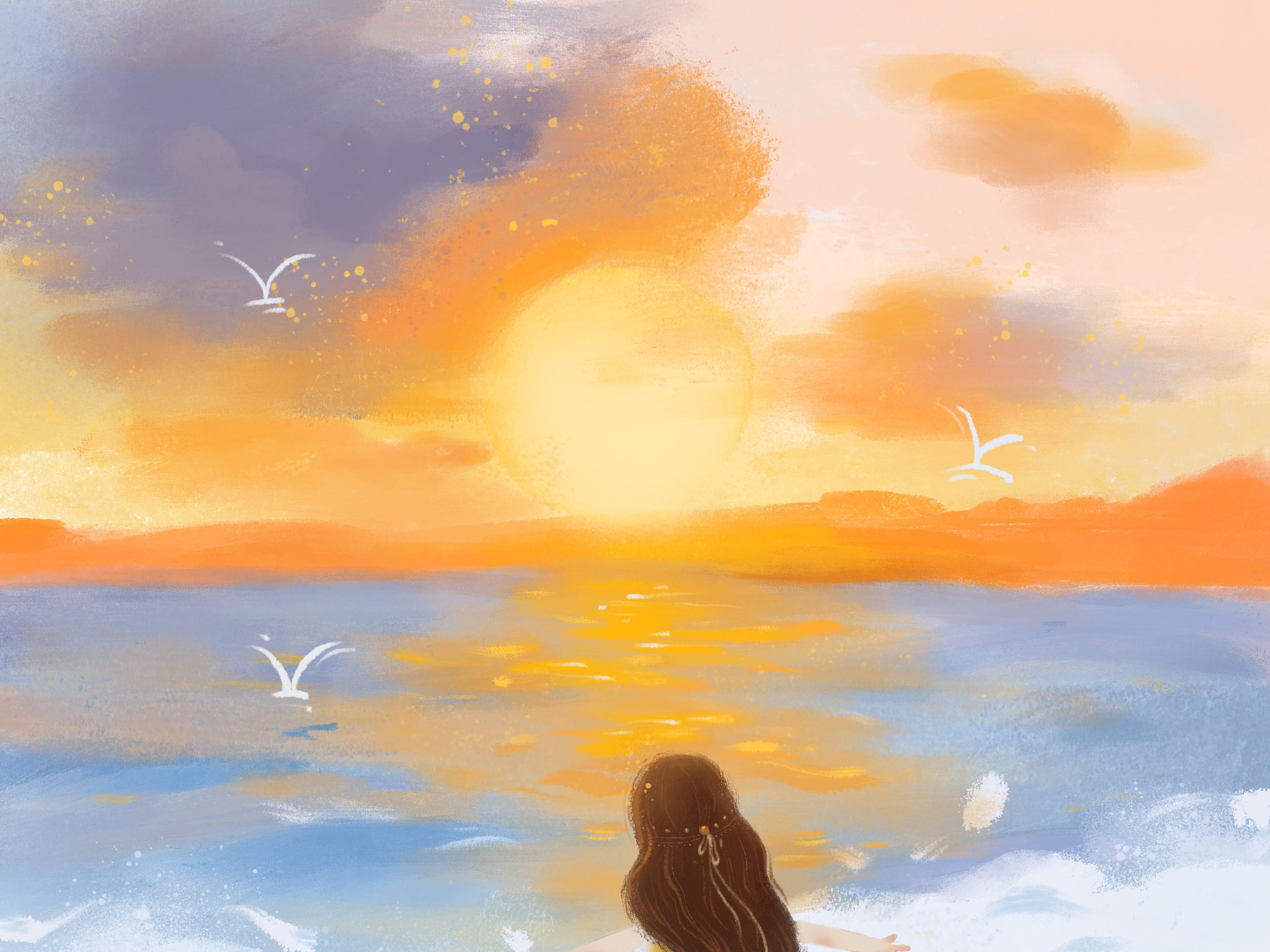 在夕阳的余晖里一个人敞开胸怀拥抱着浩瀚的大海