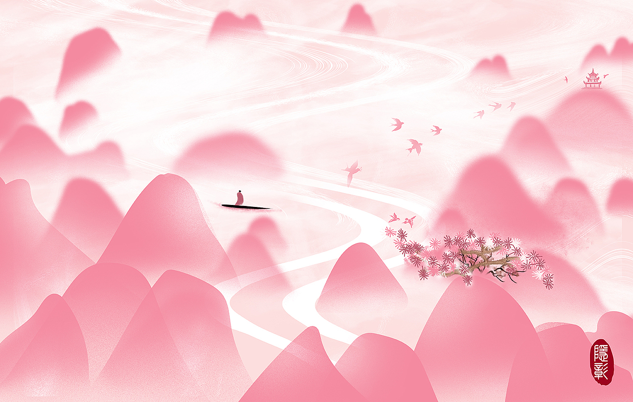 古风意境插画古建筑凉亭汉服女子春天桃花水墨山水