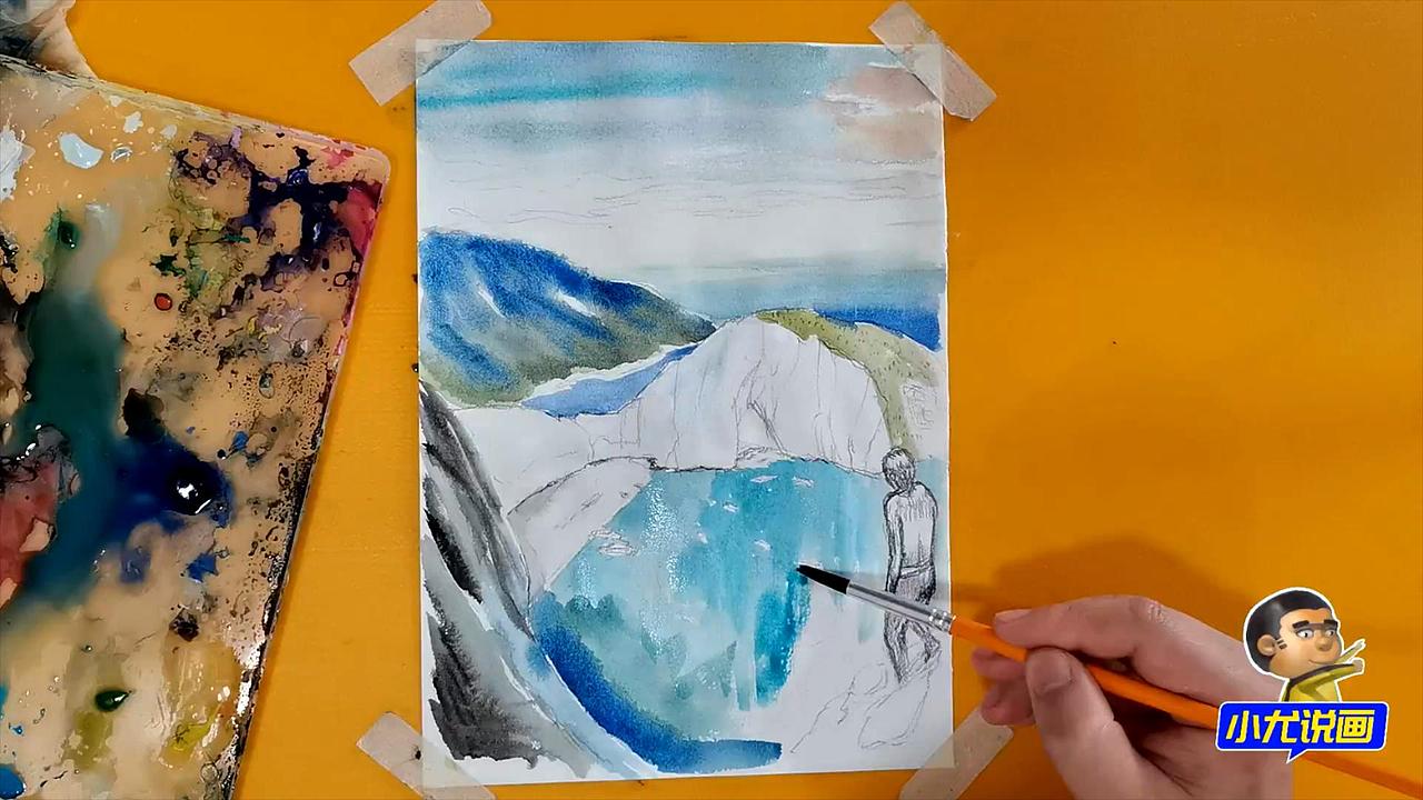 水彩画蓝宝石的海湾小岛-小尤说画