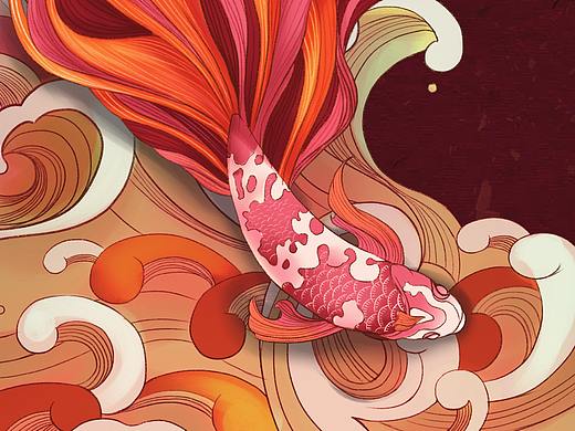 工笔画锦鲤插画