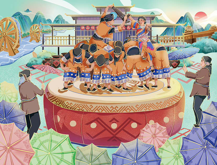 湘西侗族传统节日插画设计（图ZMzQyMzQwNDQ4） - 新锐潮流插画 - 站酷设计师西里_原创素材 - 站酷ZCOOL
