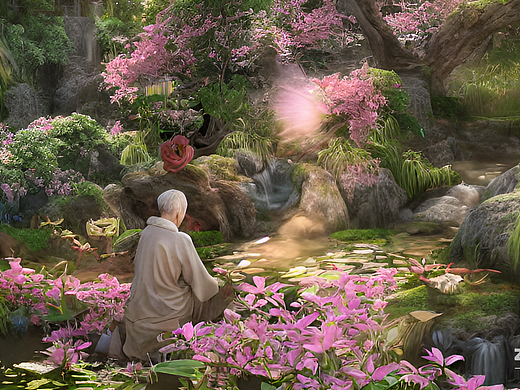 #AI創(chuàng)作實(shí)驗(yàn)室#世外桃源園林之中，一個老者（個人主頁-ZNjI4MzUwNDg=） - AI作品 - 站酷設(shè)計師20gy08原創(chuàng)素材 - 站酷ZCOOL