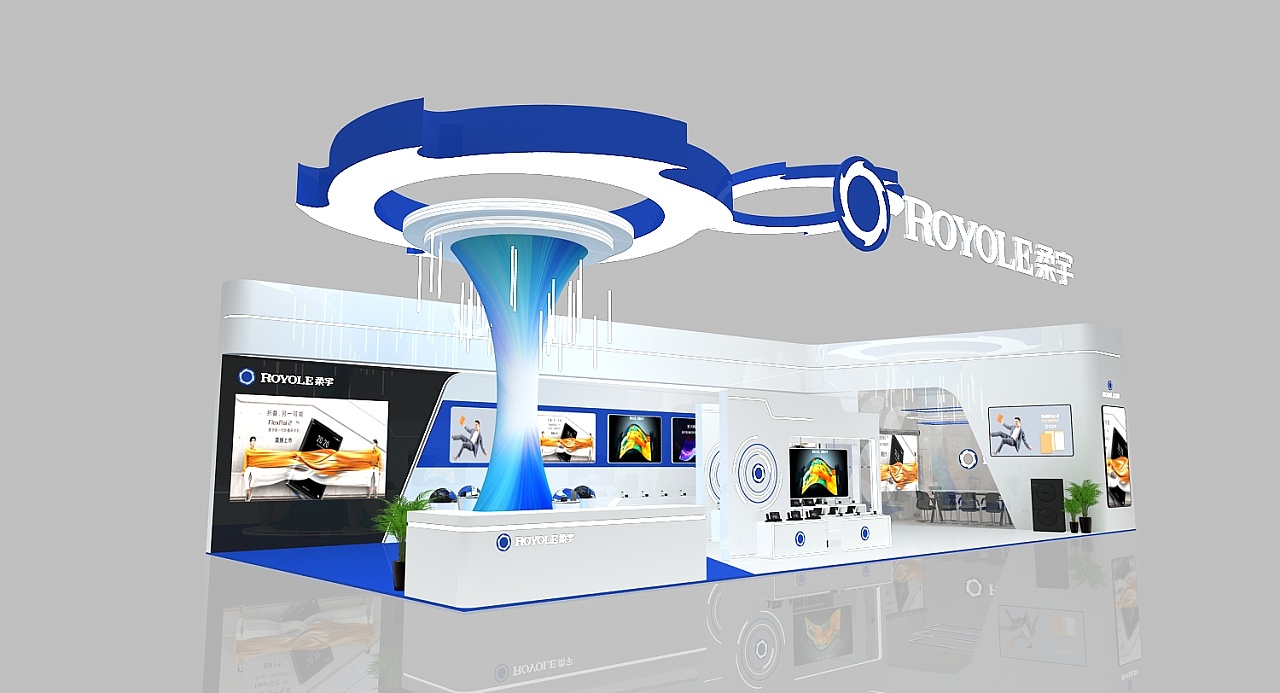 柔宇展位科技风蓝白系3d设计效果图