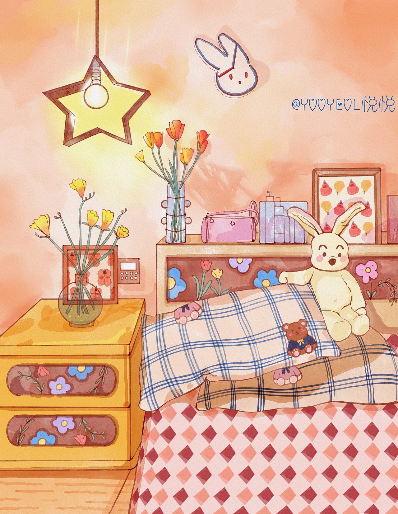 治愈系水彩画|房间里的温馨一角