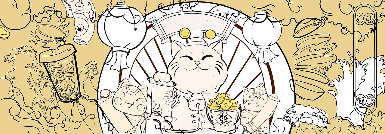 原创作品插画商业插画国潮招财猫扁平面插画墙绘柠檬茶装饰插画作品