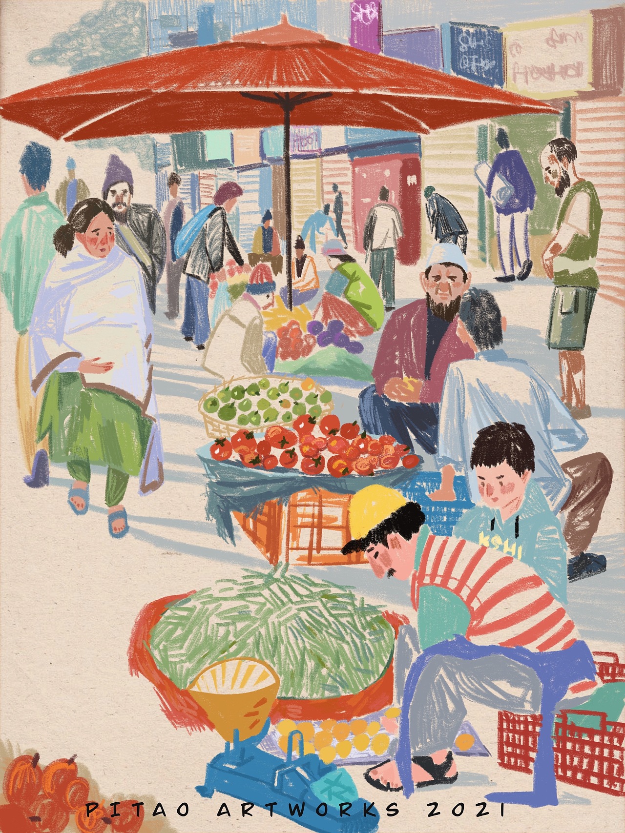 菜市场买菜绘画图图片