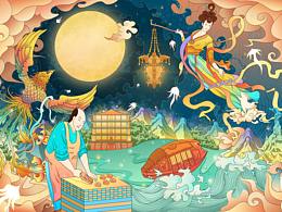 《凤舞南粤，九天“榄”月》中秋礼盒包装插画