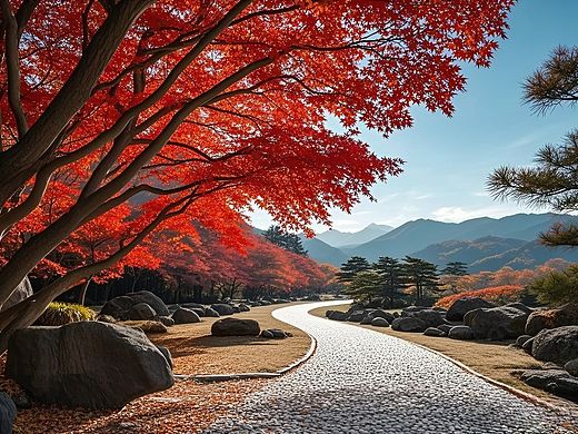 《秋枫漫舞映雪径，远山蓝天入画屏》