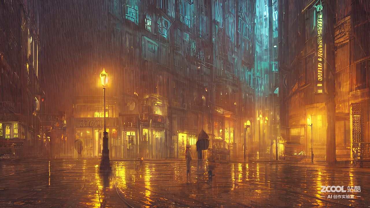 #AI创作实验室#城市夜景,雨天湿滑街道,超现实主义