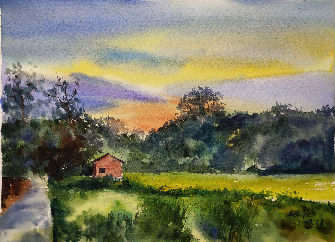 水彩风景阴天与夕阳（图ZMTY3MDM5MTgw） - 绘画 - 站酷设计师阿西老师原创素材 - 站酷ZCOOL