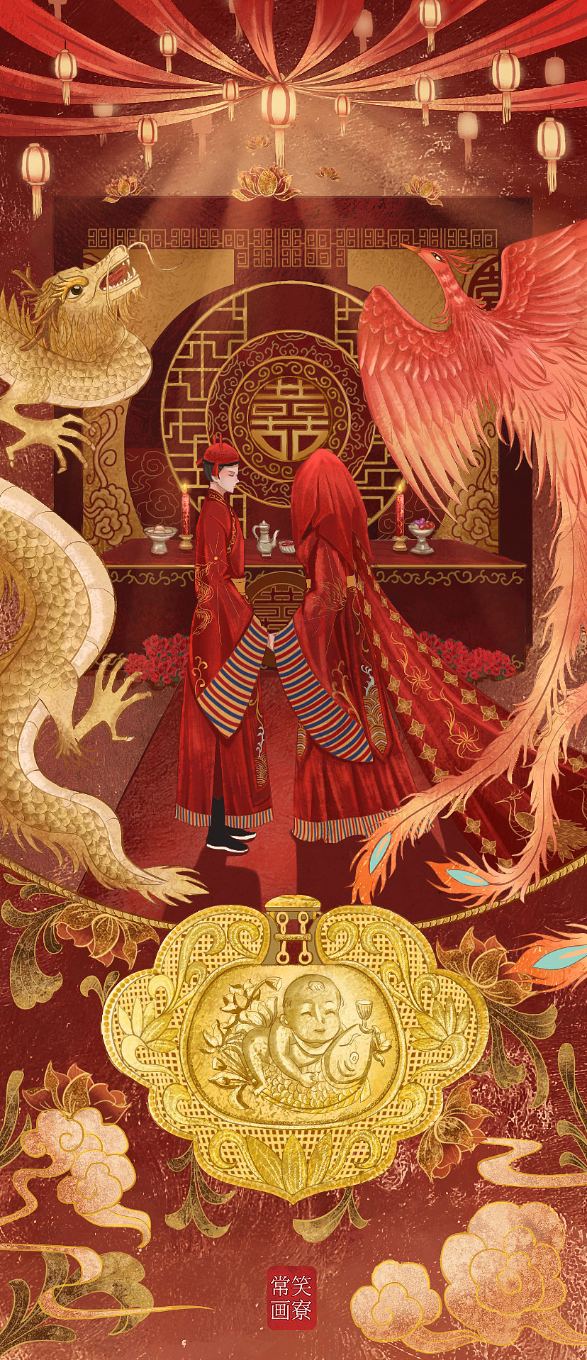 国风插画-婚庆花丝富贵锁 古风插画