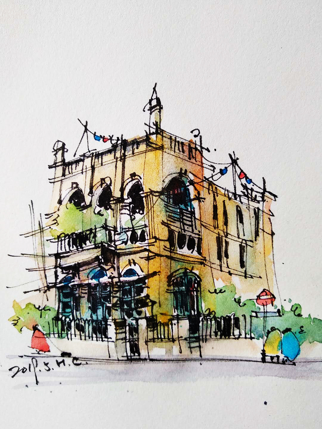 钢笔淡彩建筑风景速写