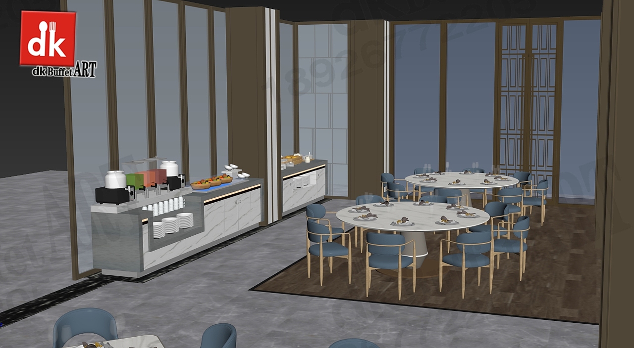 自助餐台效果图 施工图 自助餐厅全景图 CAD平面方案