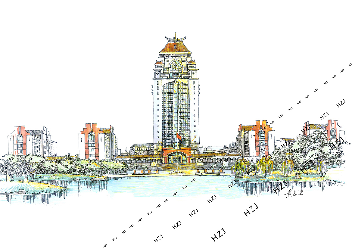 厦门大学 主楼群 嘉庚楼群手绘