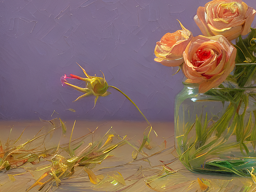 #站酷梦笔#破碎玻璃罐 玫瑰 青草 花,油画,梵高