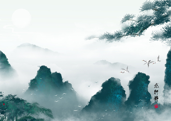 古风水墨山水意境插画——松风云海