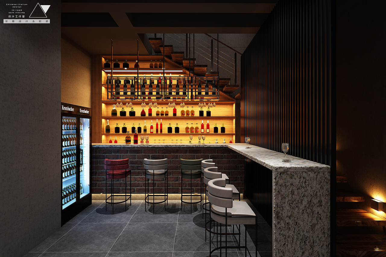 吧台视角
吧台设置在长方体空间内最深处,楼梯下。<br>酒柜放置楼梯下面,依据转角楼梯的空间,<br>设置L型吧台。<br>用格栅虚墙及吧台上方吊装装饰架将吧台迎客空间‘独立’处理,形成一个讨巧的空间,同时保证吧台服务人员对大厅的视线‘巡视’。