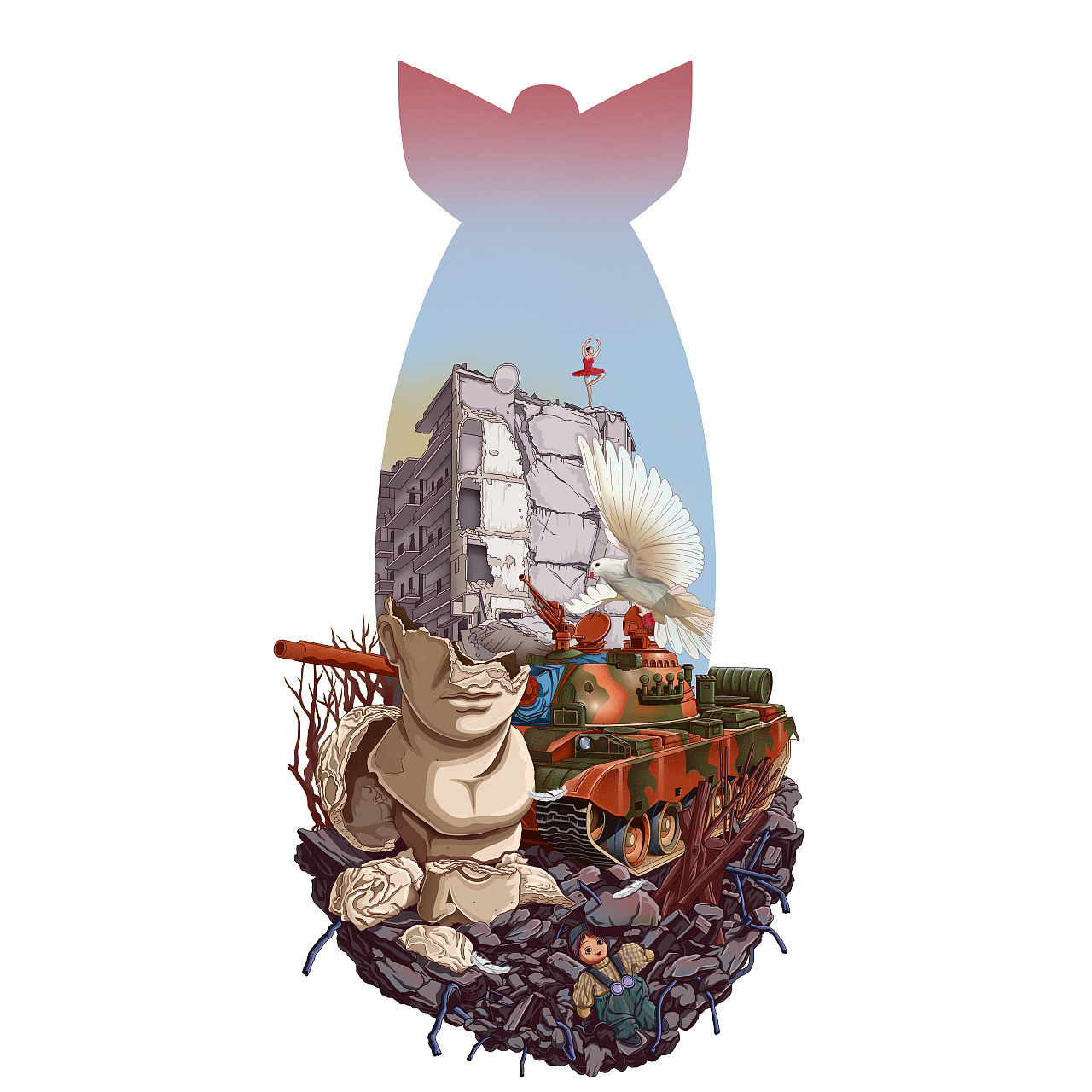 曾经看见过一位国外的插画师用核弹的轮廓作为背景，搭配破败的建筑物废墟绘制出一张作品，非常喜欢，所以也想用自己的方式来尝试一下，石膏是不小心打碎的，融入画面希望增加一些层次与破碎感，愿世界和平。