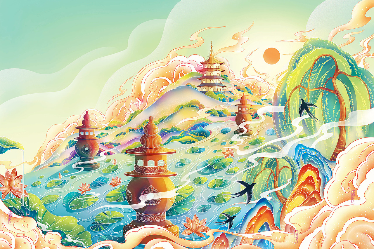 三潭印月丨西湖龙井 礼盒插画设计